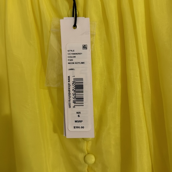 NWT Alice and Olivia brand, Kiara puff sleeve size 6/neon key-lime color dress - Picture 3 of 11
